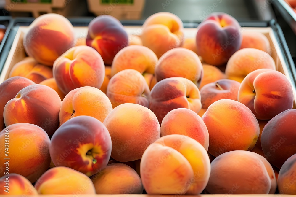 Tray full of peaches in supermarket.