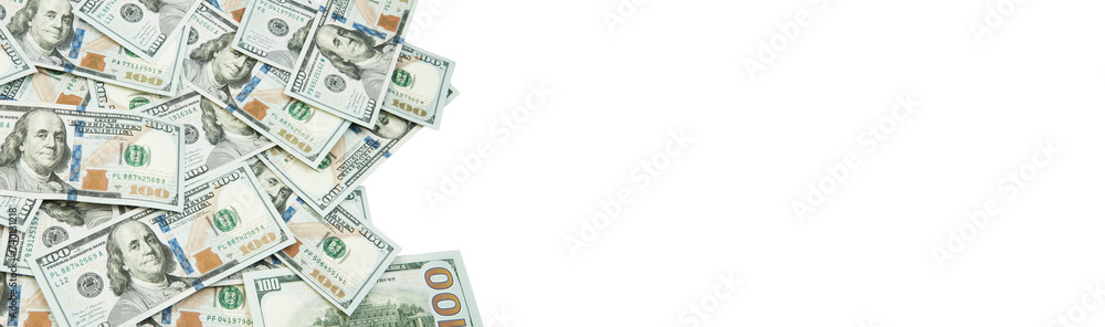 many hundred dollar bills on a white background. the concept of successful enrichment	 - obrazy, fototapety, plakaty 