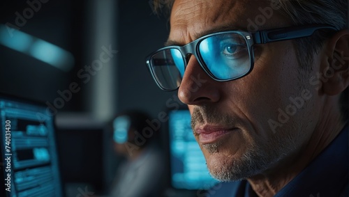 Close up view of focused businessman wears computer glasses for reducing eye strain blurred vision looking at pc screen with computer reflection using internet, reading, watching, working online late. © Teki7