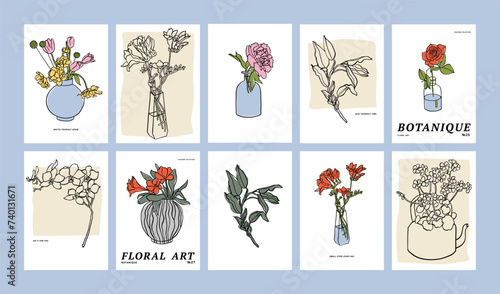 Vector illustration set of ink floral posters with different flowers and vases. Art for prints, wall art, banner, and background