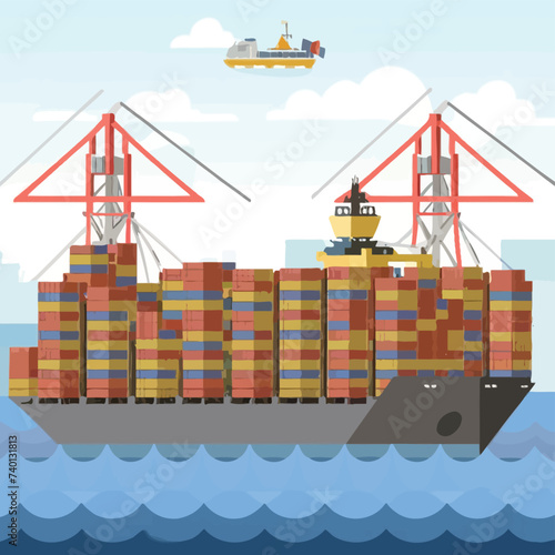 2d vector illustration colorful Land and sea transport techniques, methods and technological tools for transporting and shipping goods and products and logistic 
