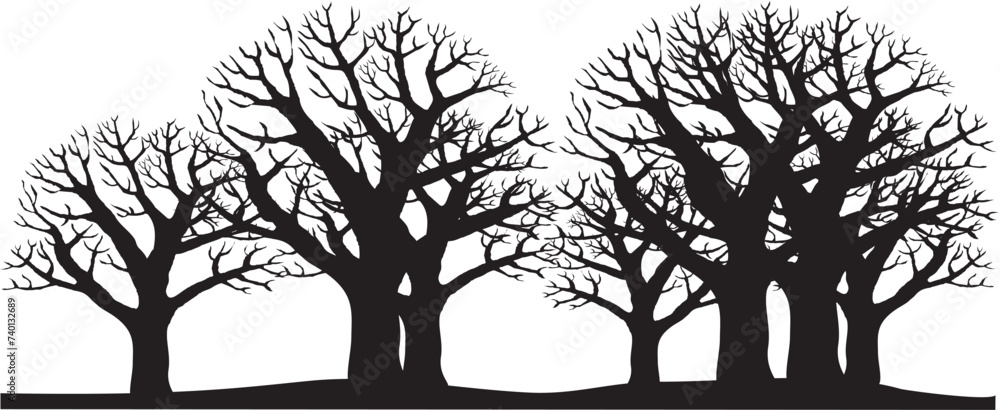 Trees. Seamless pattern. Silhouette of forest. Monochrome composition of the forest. For wallpaper, background, postcards. Vector illustration