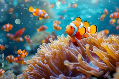 Vibrant Clownfish Swimming Among Anemones in an Underwater Reef © Wanwisa