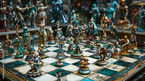 a chess setting in bright colors and figures, in the style of dystopian fantasies, detailed miniatures, cyan and amber, dc comics, womancore, golden palette, photorealistic detail  photo