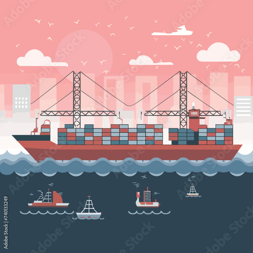 2d vector illustration colorful Land and sea transport techniques, methods and technological tools for transporting and shipping goods and products and logistic 

