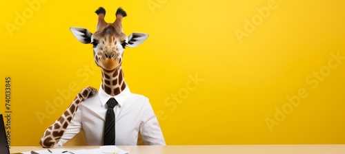 Anthropomorphic giraffe in business suit, corporate setting, studio shot, copy space