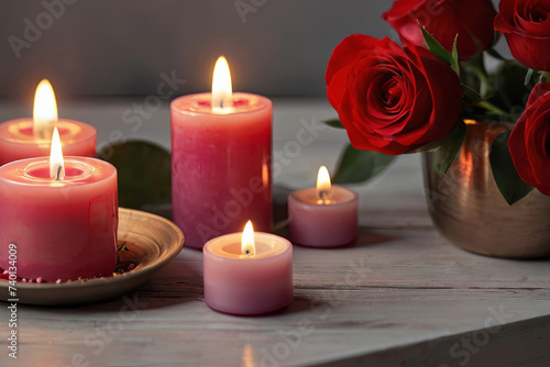 Create a romantic atmosphere with burning candles and flowers. Perfect for expressing love and Valentine's Day banners.