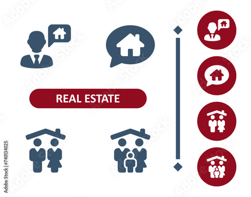 Real estate icons. House, home, realtor, chat bubble, household, family, man, woman, child icon