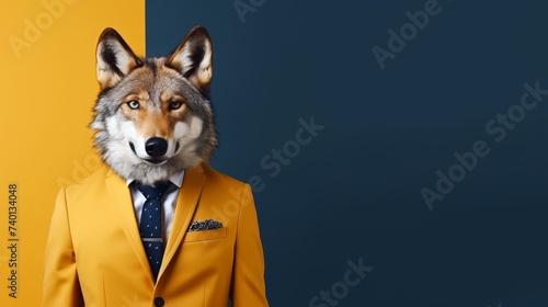 Anthropomorphic wolf in formal suit at corporate workplace, studio shot with copy space