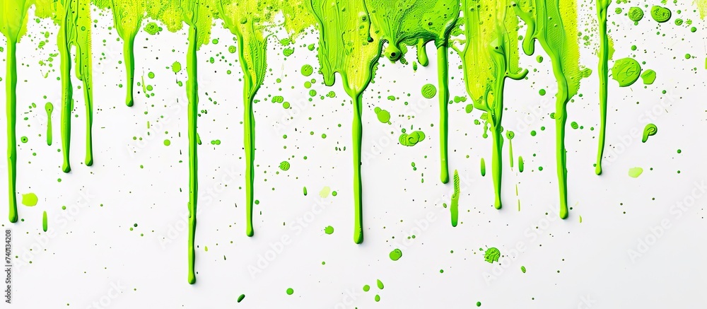 Fototapeta premium A group of green paint splattered on a white wall creates a playful burst of color and artistic contrast. The vibrant lime green drips stand out against the crisp white background.