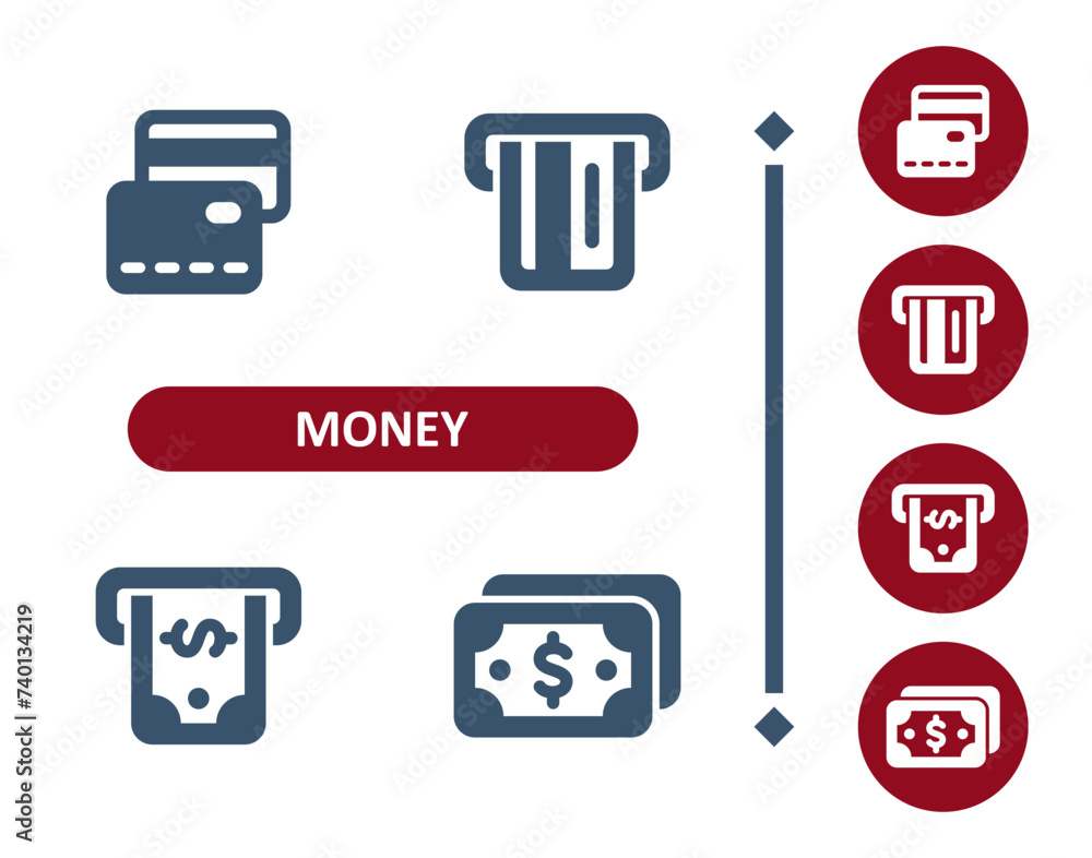 Money icons. Dollar, bill, banknote, cash, credit card, ATM icon Money icons. Dollar, bill, banknote, cash, credit card, ATM icon