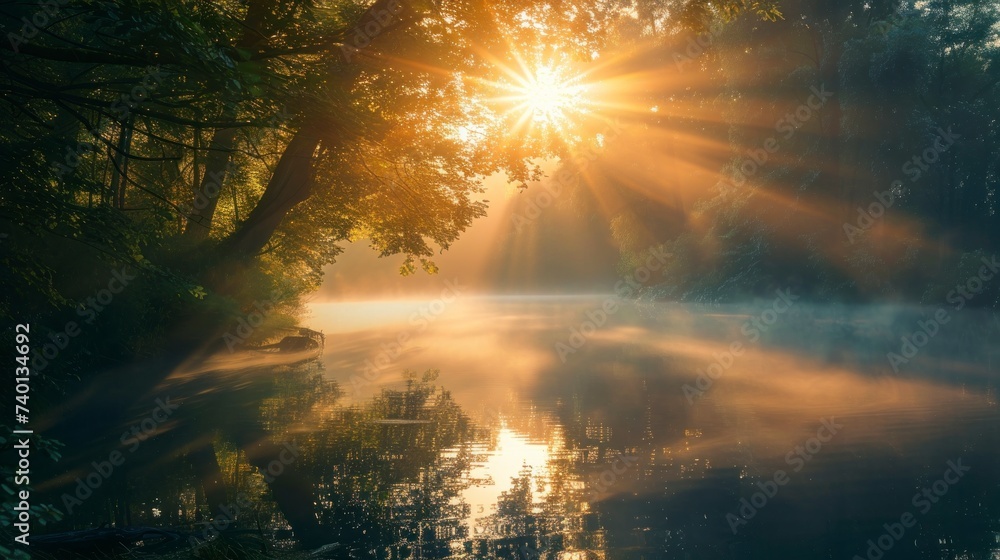 Fototapeta premium beautiful lake with mist in a sunrise