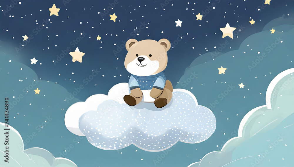 Cute little bear is sitting on the cloud and watching the stars, vector illustration, kids fashion artworks, baby graphics for wallpapers and prints.