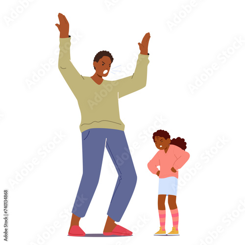 Angry Father Scolds His Little Daughter Loudly, His Harsh Words And Towering Presence Overwhelming Her Tearful Figure