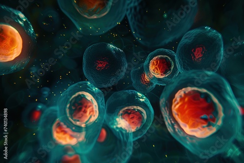 Cell division Microscopic World Unveiled 3D rendered illustration featuring a microscope and cells surrounded