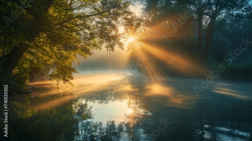 beautiful lake with fog in a sunrise with the sun in the background