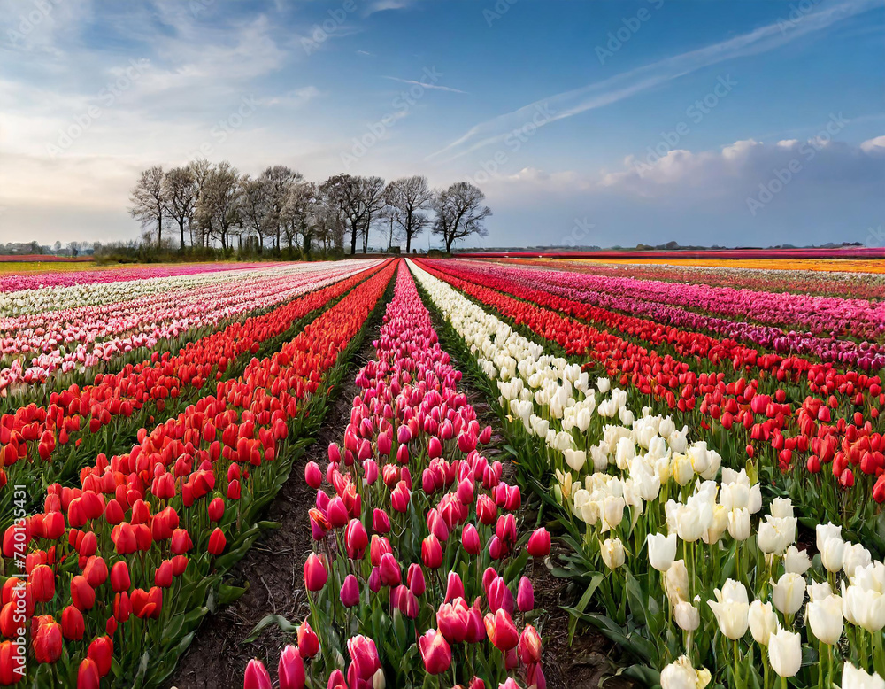 Tulip field in spring with colorful and red tulips