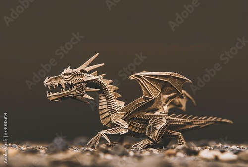 dragon paper kit by sofware arts, in the style of minimalistic metal sculptures, light brown and gold, canon eos 5d mark iv, chinapunk, caffenol developing, skeletal, optical illusions  photo