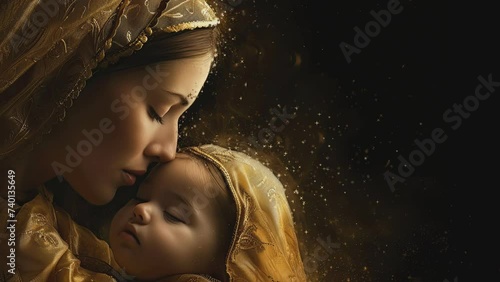 A woman is holding a baby in her arms. The baby is sleeping and the woman is kissing the baby's forehead. Concept of love and tenderness between the mother and child photo
