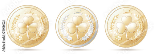 Gold good luck coin with clover leaves. Symbol of good luck, Ireland, Patrick's day, luck. Element for web design or for print. Three leaf clover golden coins. Saint Patrick's Day coins on a transpare