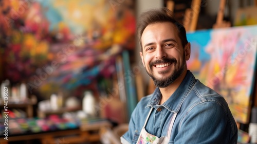 Portrait of a happy male artist working on painting in studio, generative ai