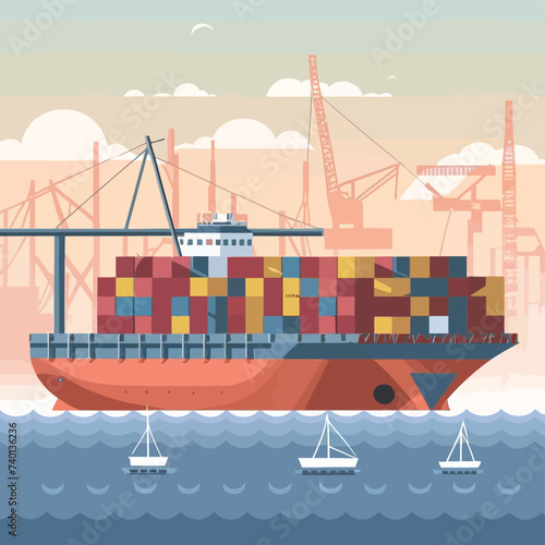 2d vector illustration colorful Land and sea transport techniques, methods and technological tools for transporting and shipping goods and products and logistic 
