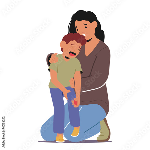 Mother Character With Tender Eyes, Enfolds Her Crying Injured Son In A Warm Embrace, Whispering Gentle Words Of Comfort