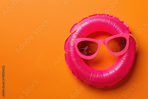 pink glasses, pink inflatable lifebuoy, yellow background, Banner with empty space, Summer concept, vacation, travel, cruise,