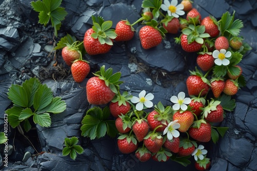 Heard strawberries placed on a rough rock surface, creating an interesting contrast between the vibrant red fruits and the textured gray background photo