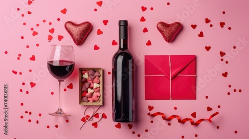Valentine's Day setting featuring a wine bottle, gift box, glasses, heart-sha...