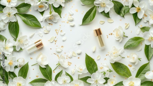 Spring Cosmetic Concept. Delicate white spring flowers and green leaves set a...