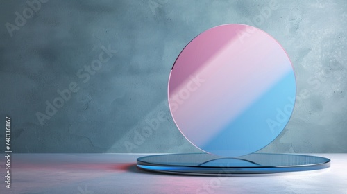 podium platform in blue and pink gradient, featuring an empty display with a ...