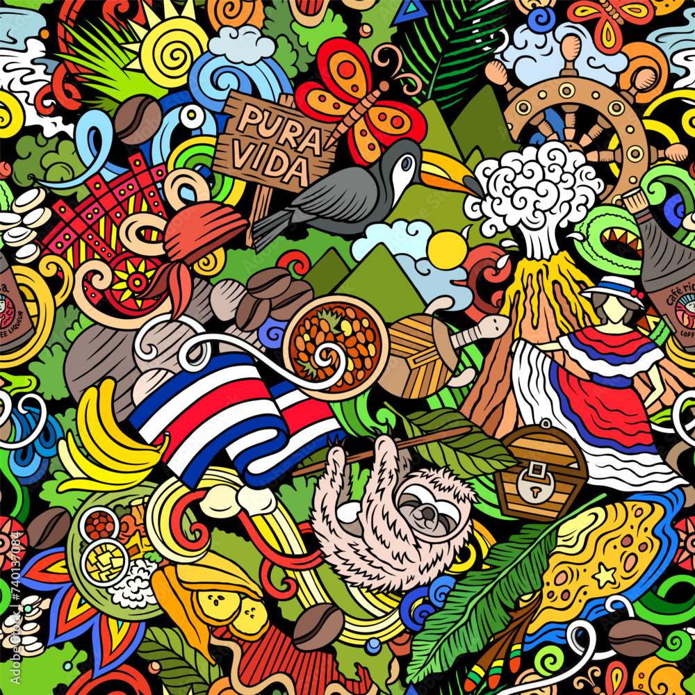 Cartoon doodles Costa Rica seamless pattern