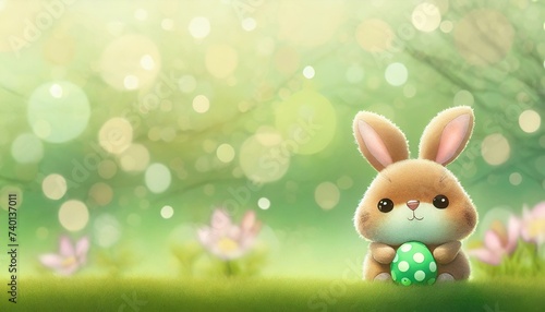 Easter springtime green background with colorful eggs and a cute little bunny rabbit. Bokeh light, copyspace. 