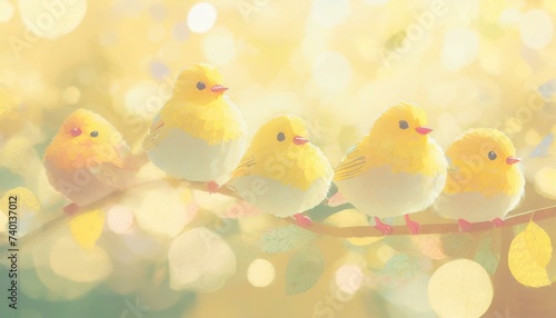 Easter springtime background with colorful eggs and cute little yellow birds. Warm colours, bokeh light, copyspace. 