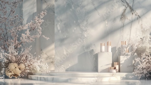 Natural beauty podium backdrop featuring an empty cube box for displaying cos...