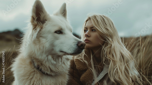 Woman and white dog gazing at each other in a grassy field © DigitalArtMarc