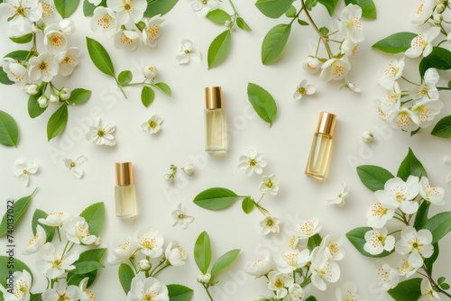Spring Cosmetic Concept. Delicate white spring flowers and green leaves set a...