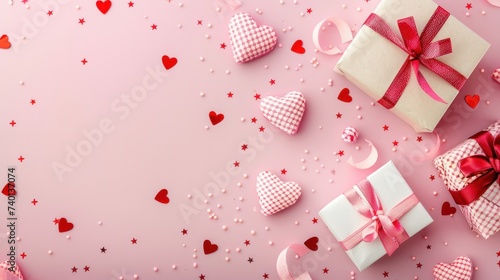 Valentine's Day flat lay arrangement featuring gift boxes and hearts on a sof...