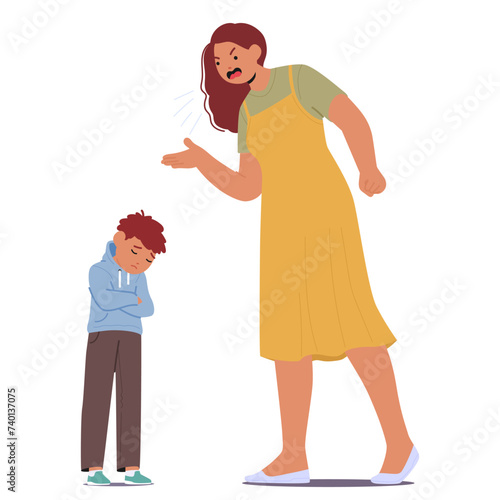 Angry Mother Character With Furious Face And Raised Voice, Towers Over Her Small Son, Who Cowers, Eyes Full Of Sorrow