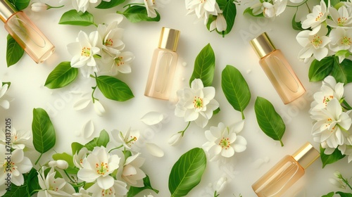 Spring Cosmetic Concept. Delicate white spring flowers and green leaves set a...