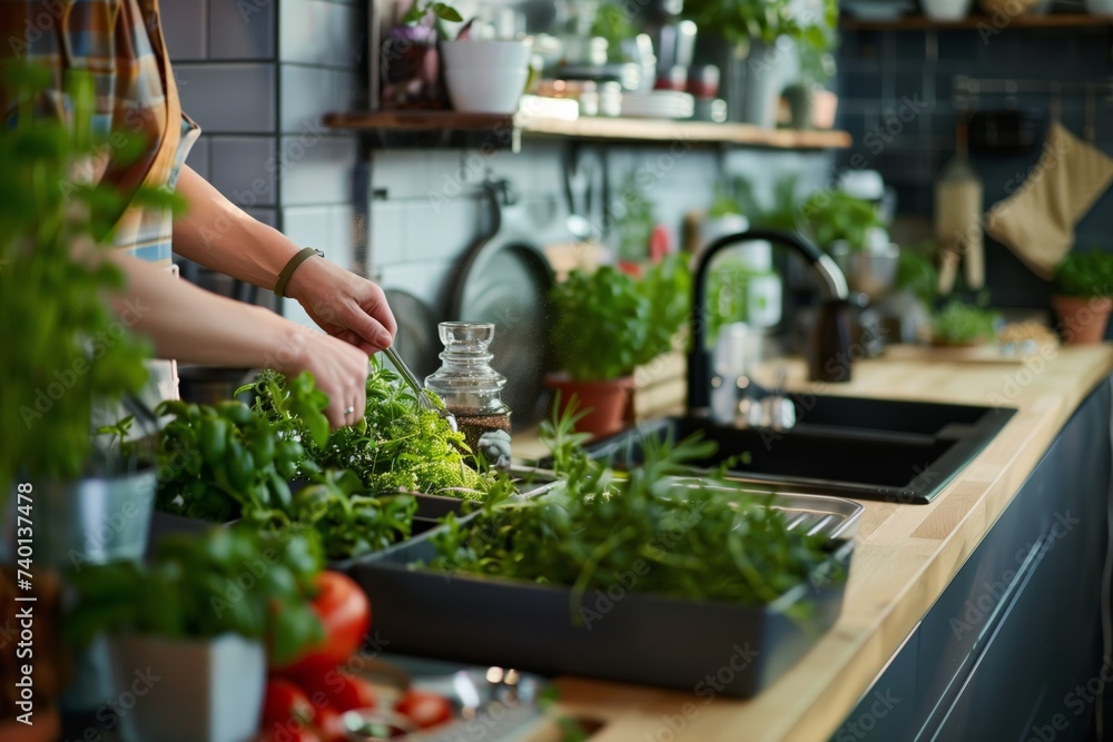  A person tending to a selection of fresh herbs growing in indoor planters on a sunny kitchen countertop, symbolizing home cooking, urban gardening, and a sustainable lifestyle.  - obrazy, fototapety, plakaty 