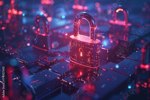 Technology padlock digital hologram red concept protection cyber security background . Beautiful background image, Futuristic 3D rendering