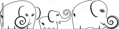Cartoon elephant family on white background. elephants family colorless black and white abstract line drawing. Animal family outline. Continuous single line.  Songkran Festival