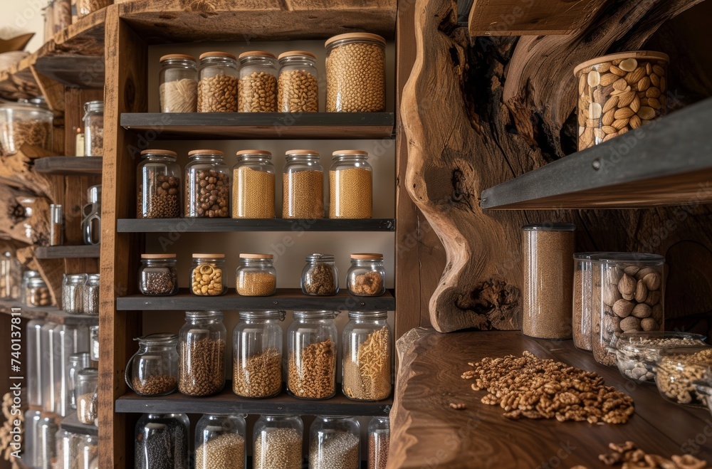 A wall-mounted shelf full of various glass jars filled with an assortment of spices and other food items, creating a beautiful display of indoor food storage in a store-like fashion A wall-mounted shelf full of various glass jars filled with an assortment of spices and other food items, creating a beautiful display of indoor food storage in a store-like fashion