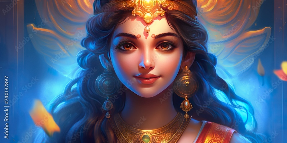 Maha laxmi, godess hindu, beautiful, close - up, high details, 4K, smile, cute, indian face, money, lotus