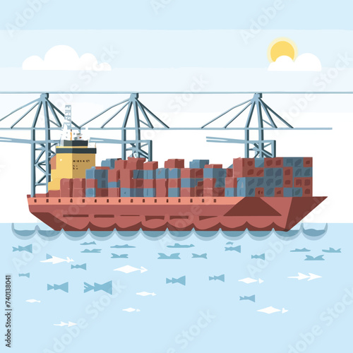 2d vector illustration colorful Land and sea transport techniques, methods and technological tools for transporting and shipping goods and products and logistic 
