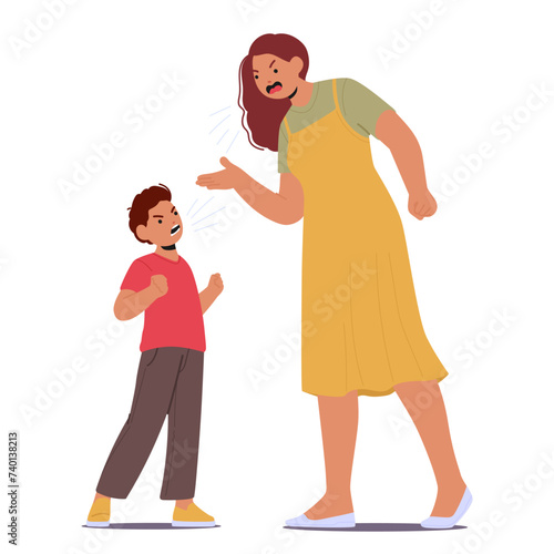 Furious Mother And Son Exchange Heated Shouts, Their Voices Clashing In A Storm Of Emotions, Vector Illustration