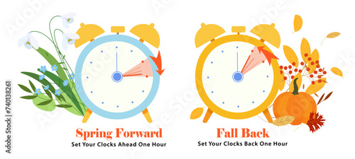 Spring Forward and Fall Back Time. Set of clocks with changing time one hour ahead for springtime and one hour back to wintertime. Concept of Daylight Saving Time Begins and End.