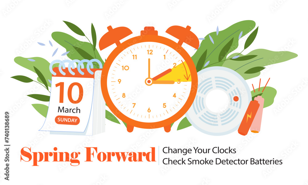 Daylight saving time begins 10 march 2024 banner. Spring Forward time. Banner reminder with info about changing time and batteries, smoke alarm. Clock forward one hour. USA and Canada - obrazy, fototapety, plakaty 